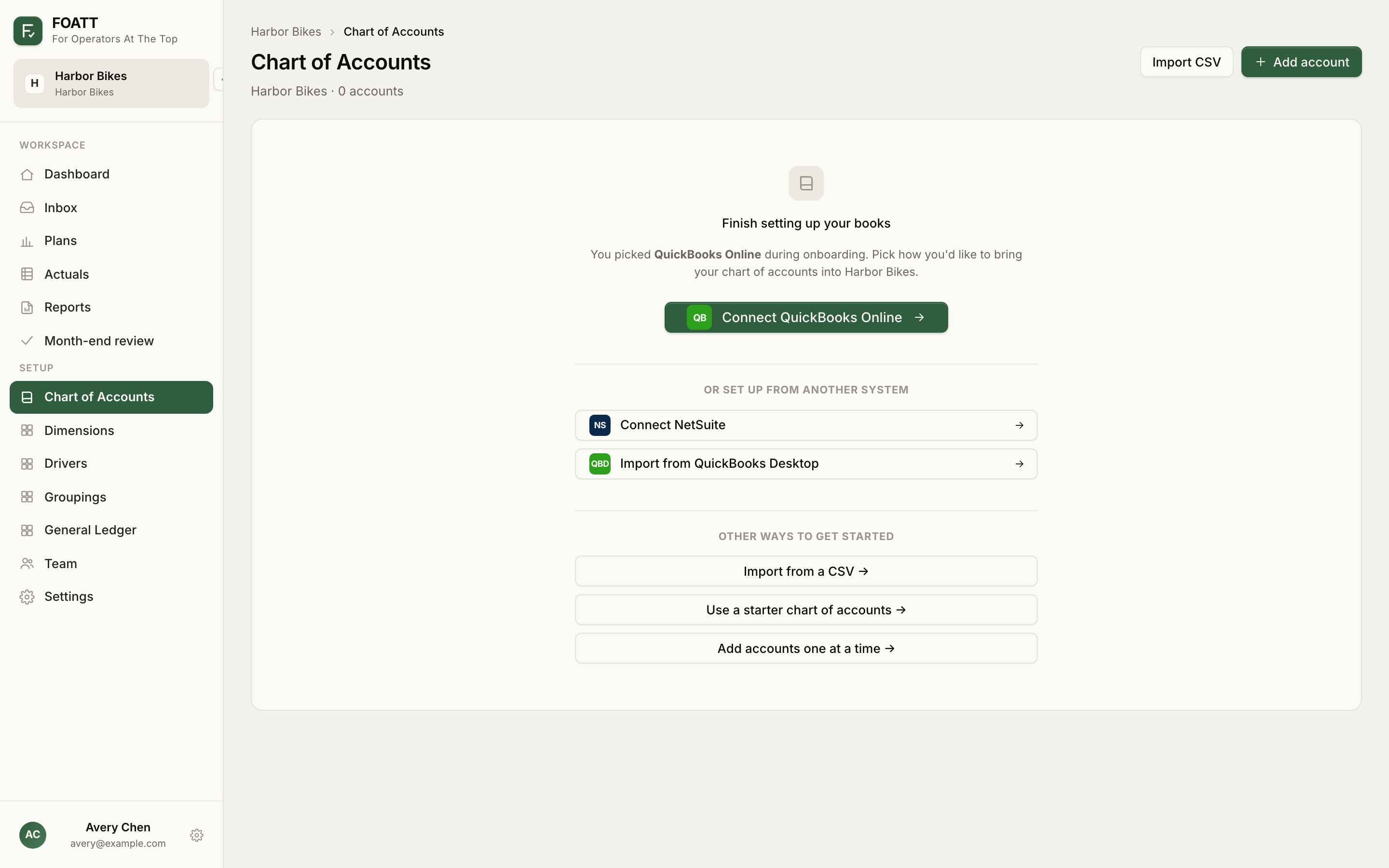 The Chart of Accounts page before any accounts exist