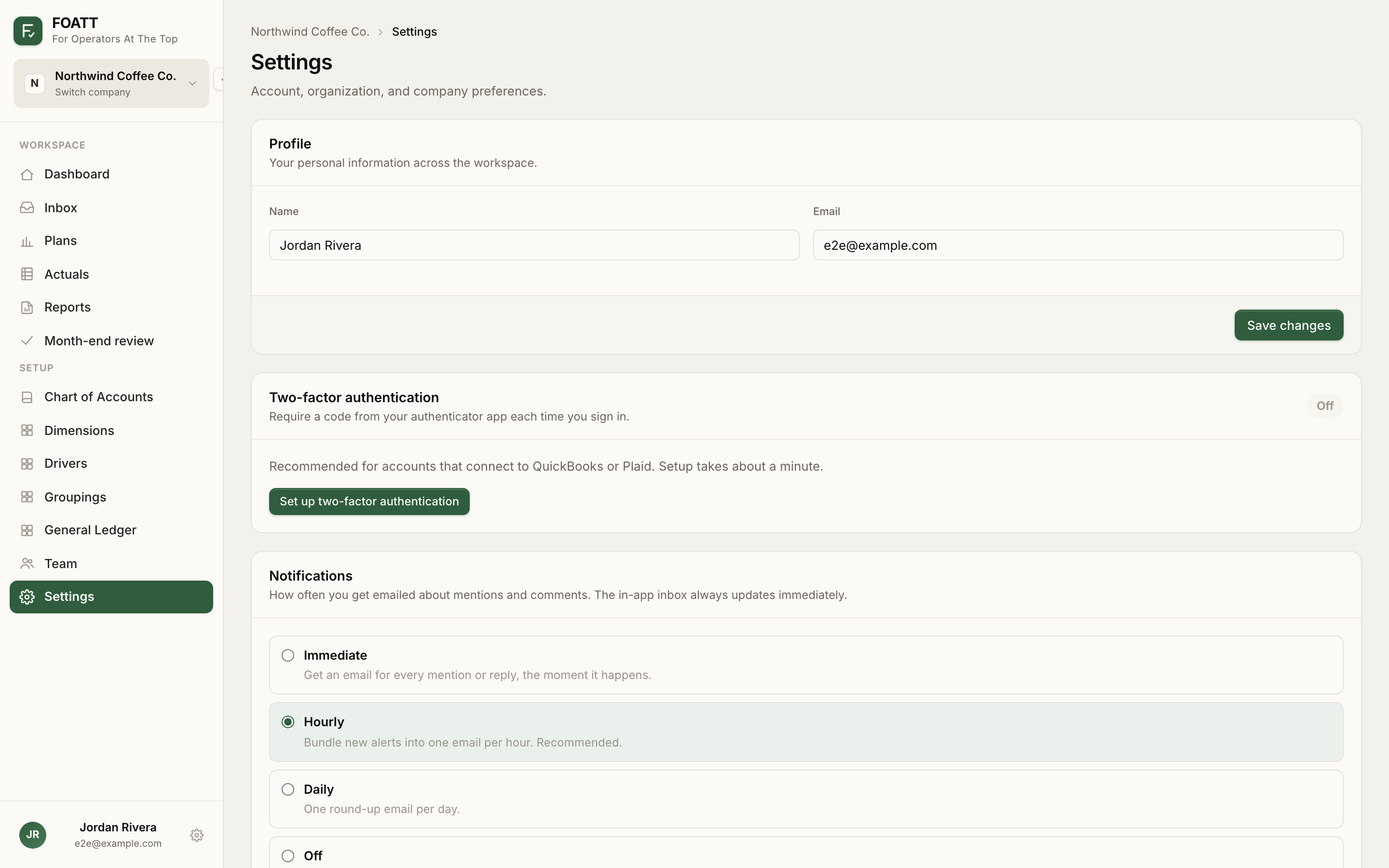 The Settings page
