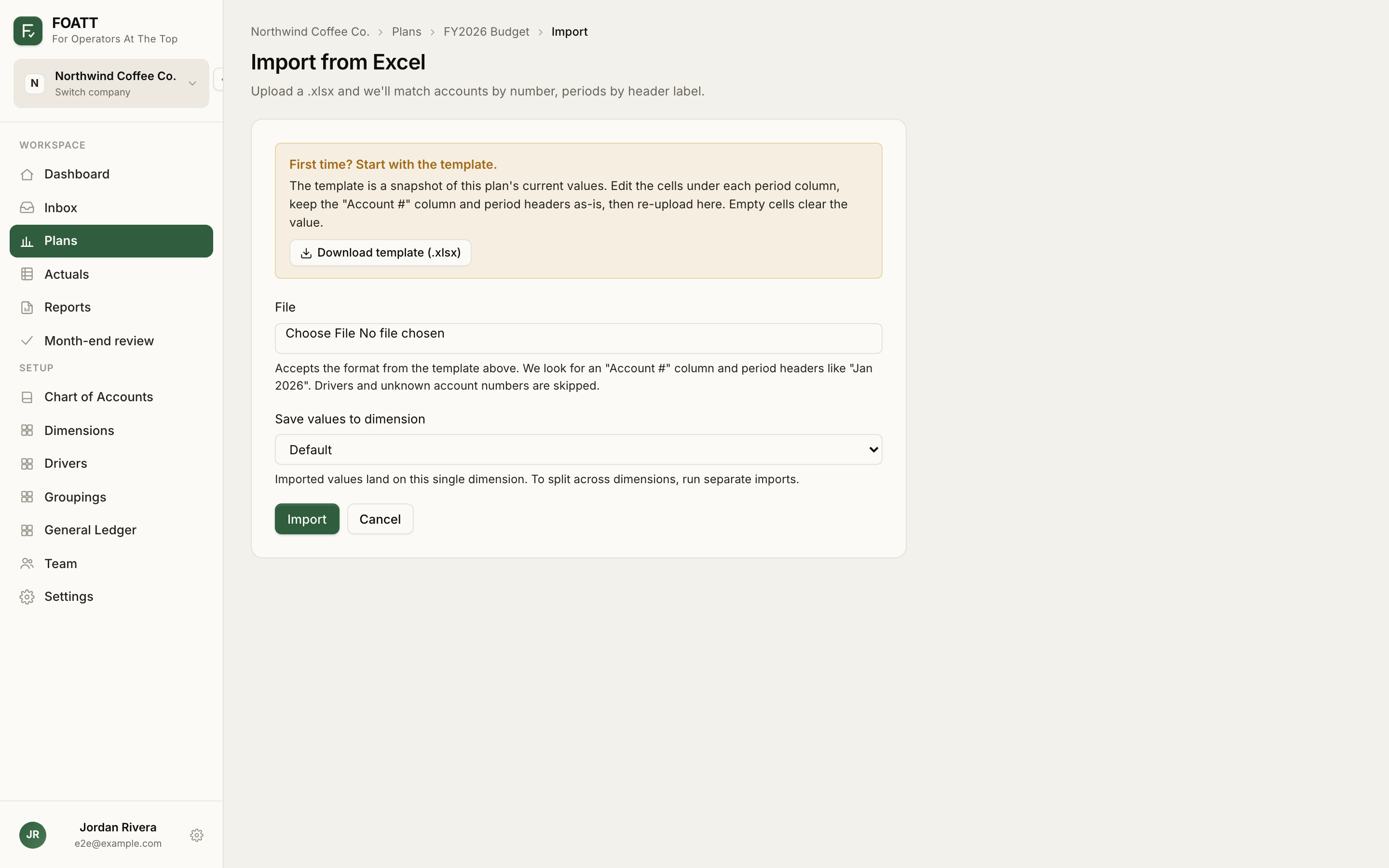 The Import from Excel page