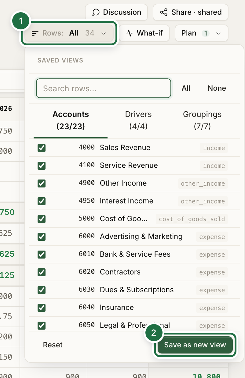 The Rows dropdown