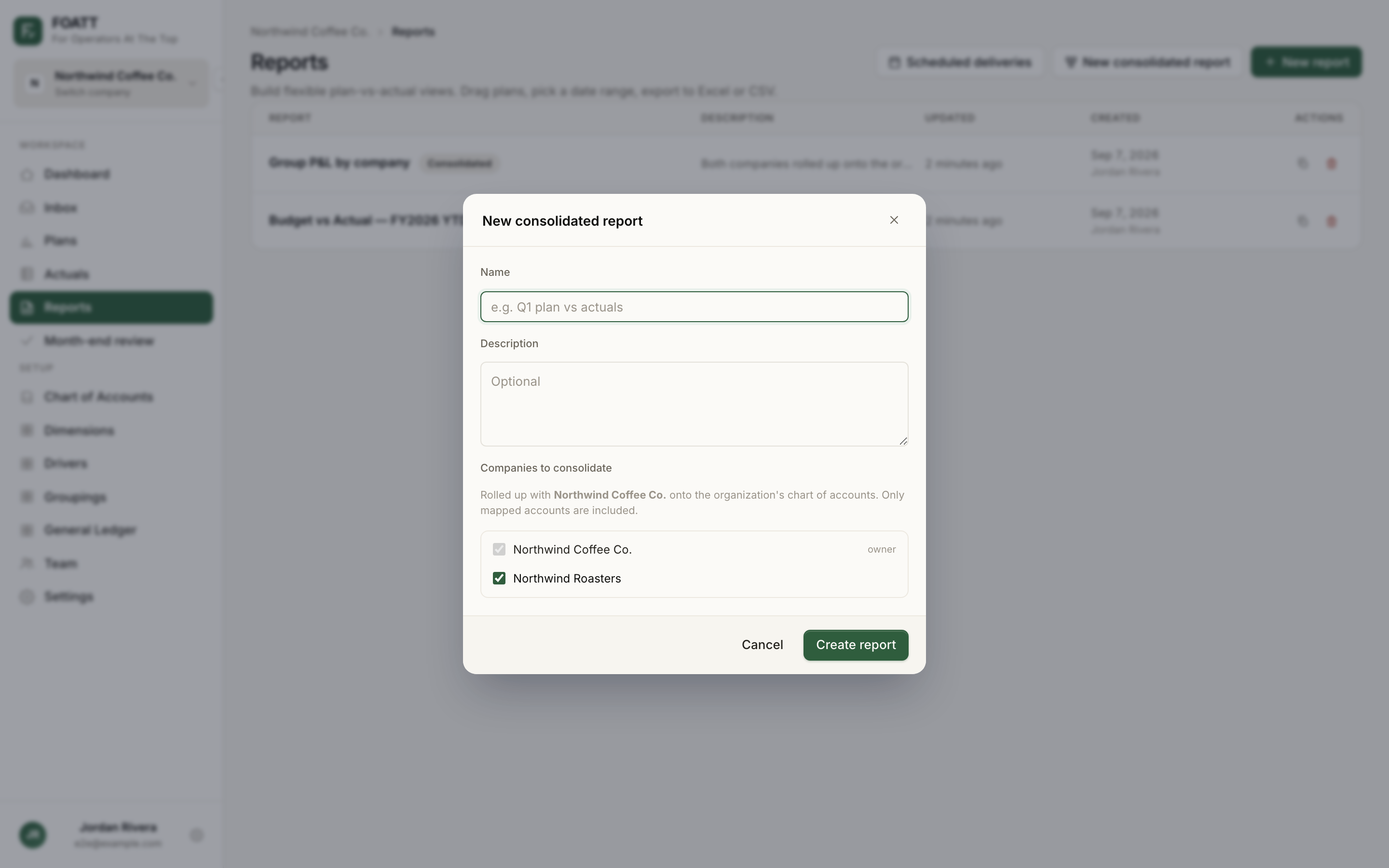 The New consolidated report dialog with the company checklist