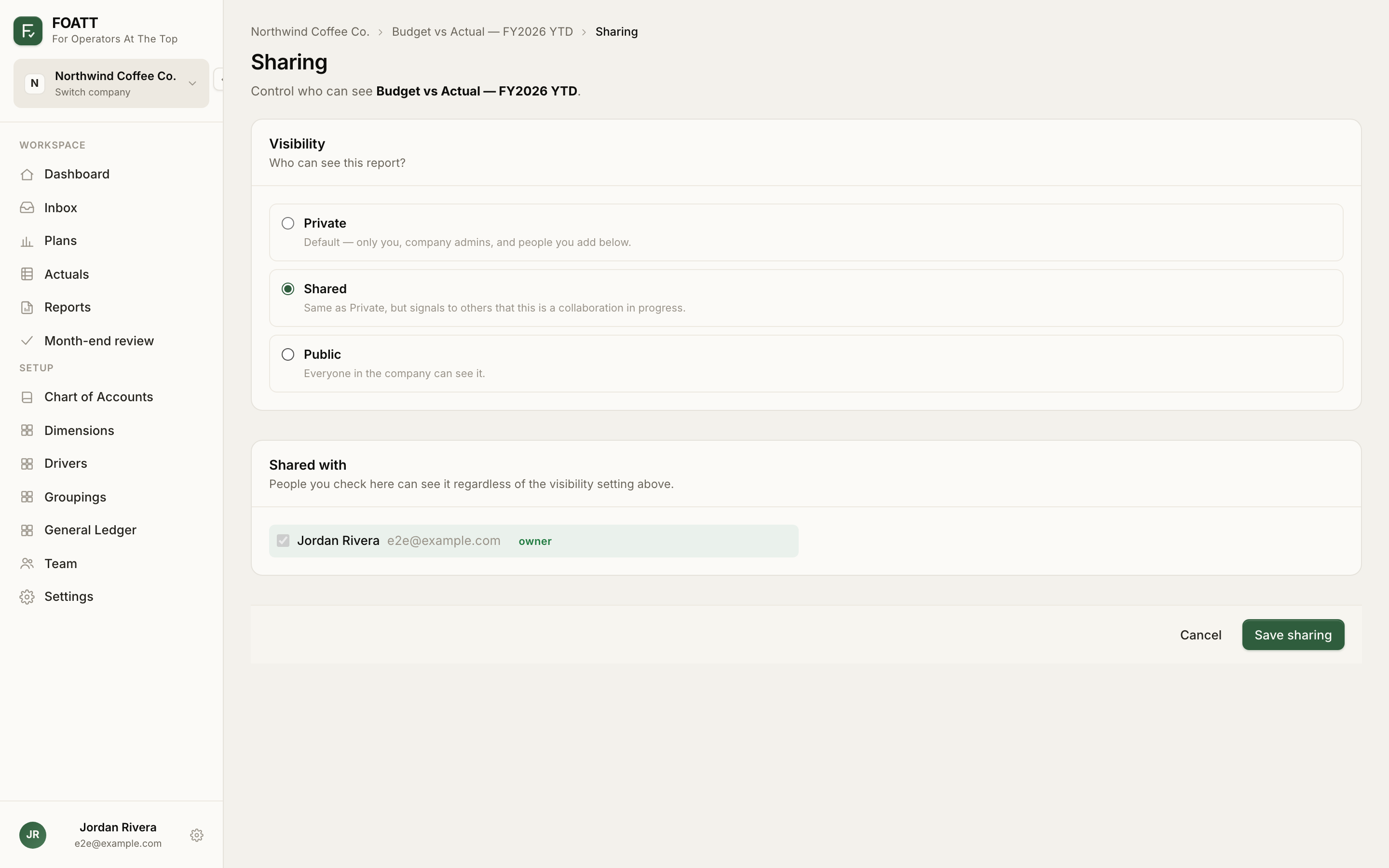 The report Sharing page